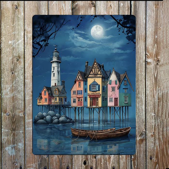 Nocturnal Coastal Village Sea Nautical | Metal Sign Plaque