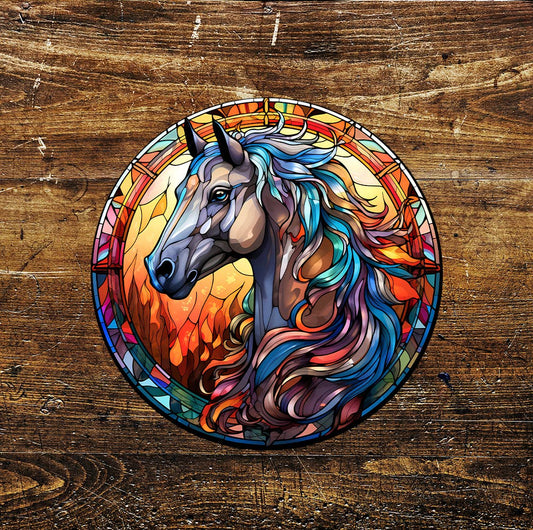 Stained Glass Effect Horse Circle Metal Sign