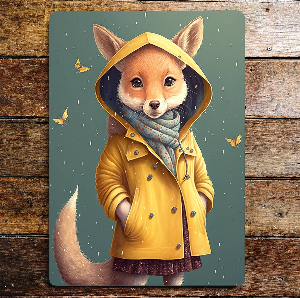 Fox Girl Yellow Coat Spotty Scarf | Metal Sign Plaque