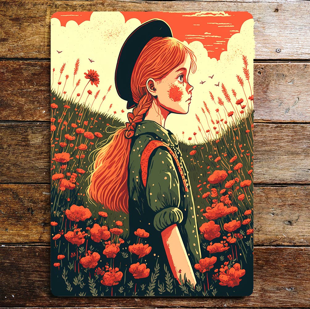 Girl Red Hair Poppy Fields Hat Sunny day | Metal Sign Plaque