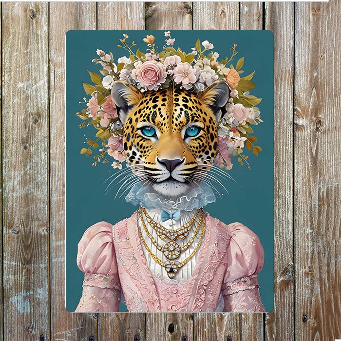 Leopard In Victorian Dress Head | Metal Sign Plaque