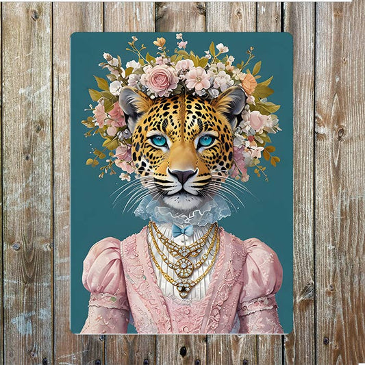 Leopard In Victorian Dress Head | Metal Sign Plaque