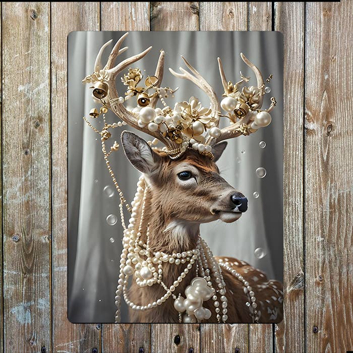Deer Stag wearing Jewelry and Headpiece | Metal Sign Plaque