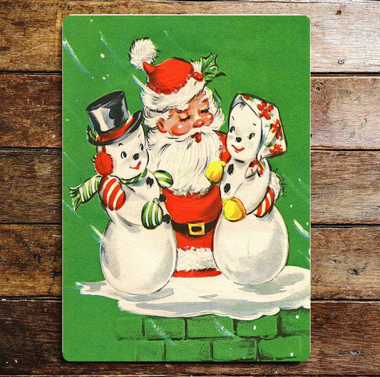 Santa Snowmen Christmas Green Sign Metal Wall Sign