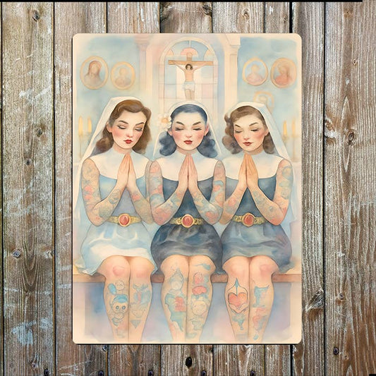 Three Tattooed Nuns | Watercolour | Metal Sign Plaque