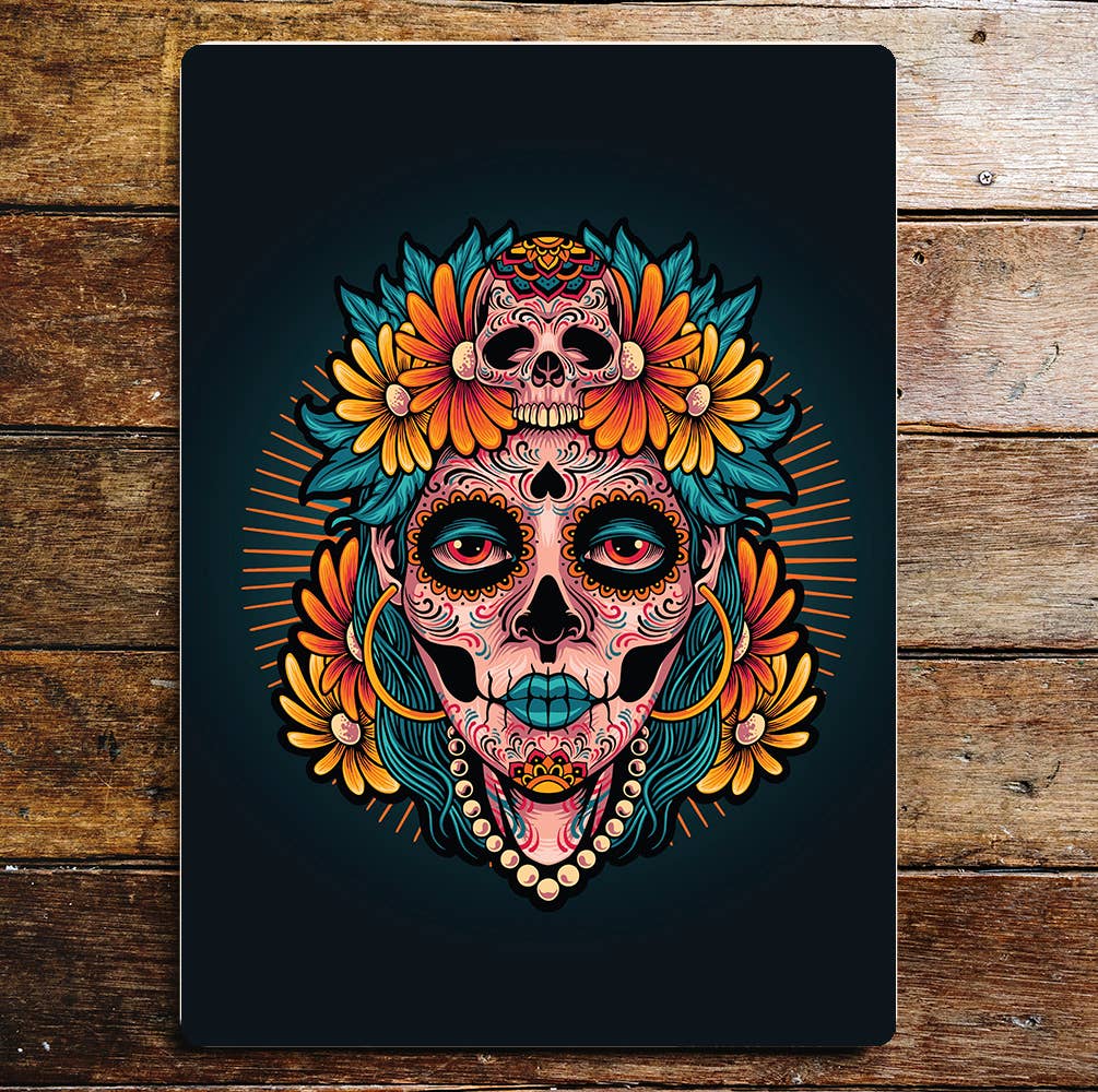 Day Of The Dead Skull Lady Flowers | Metal Wall Sign