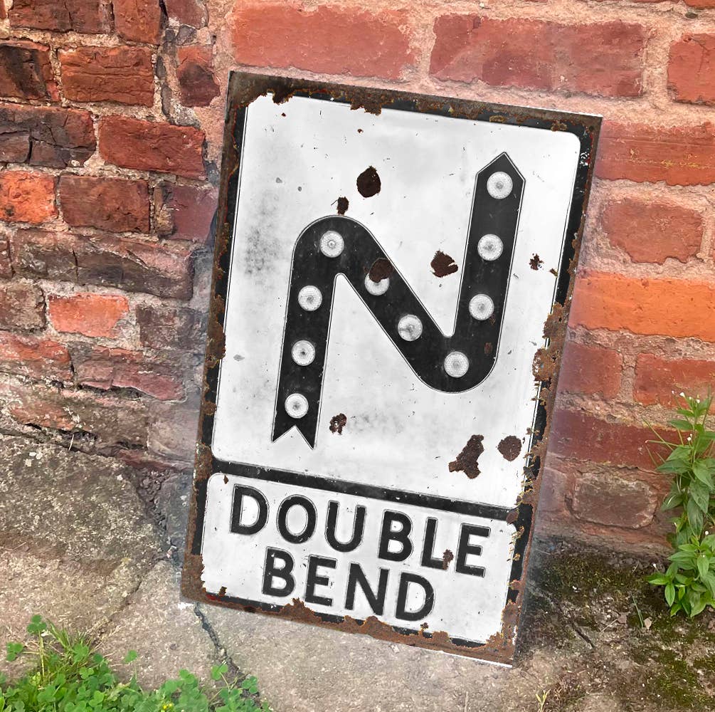 Double Bend Road Black And White Lights | Metal Sign Plaque
