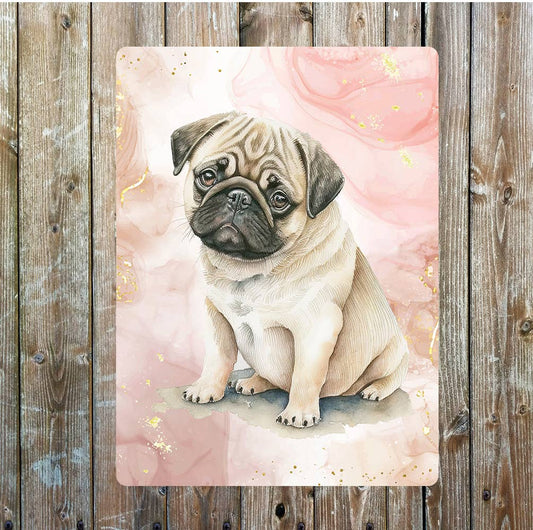 Cute Sitting Pug Dog Portrait | Metal Sign Plaque