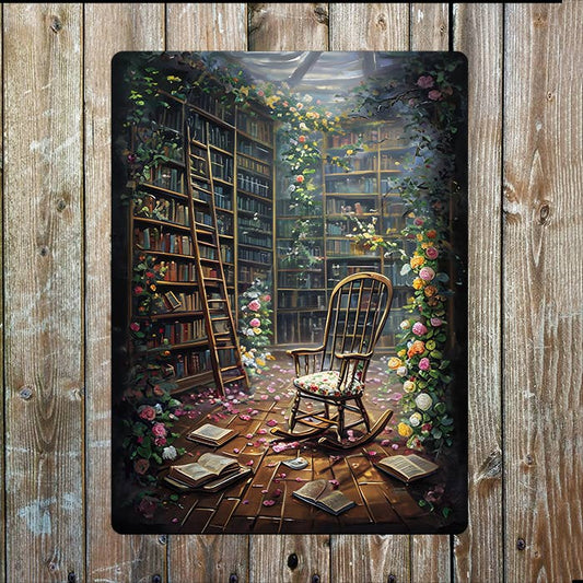 Enchanting Overgrown Library Rocking Chair Metal Sign Plaque