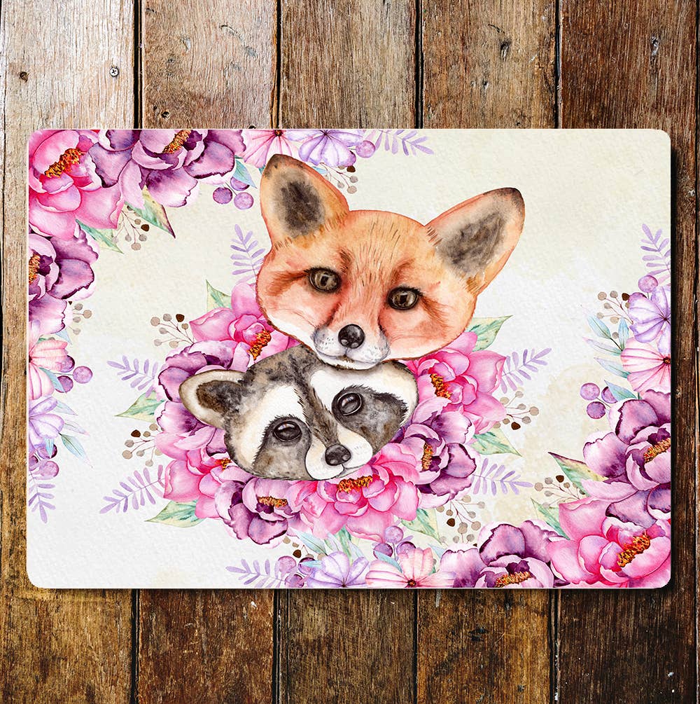 Fox Racoon Friends Pink Flowers | Metal Sign Plaque