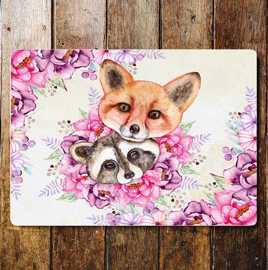 Fox Racoon Friends Pink Flowers | Metal Sign Plaque