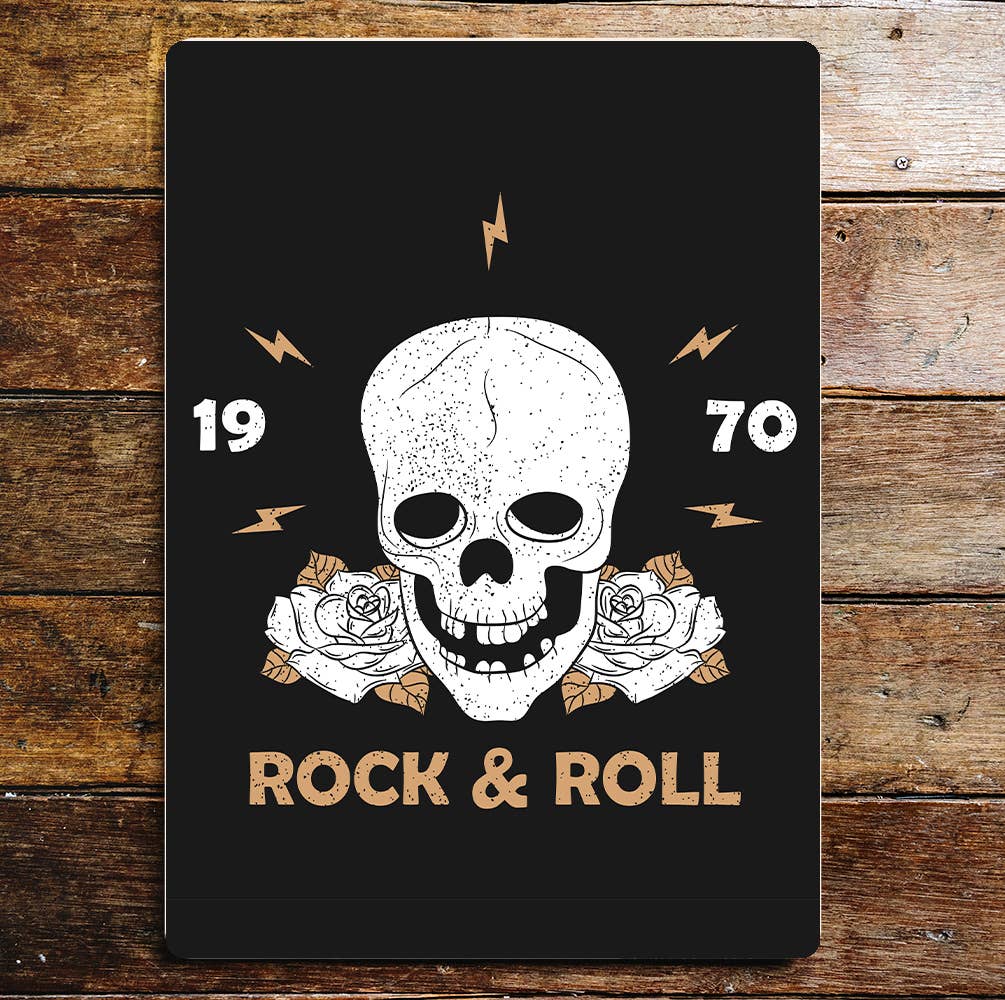 Rock And Roll Skull 1970 Roses Flowers Metal Wall Sign