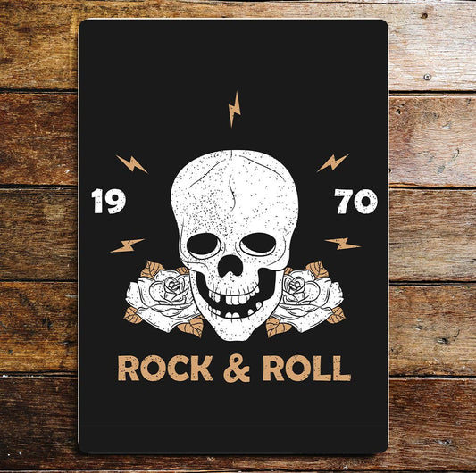 Rock And Roll Skull 1970 Roses Flowers Metal Wall Sign