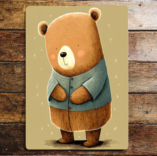 Cute Bear Blue Cardigan Rosy Cheeks | Metal Sign Plaque