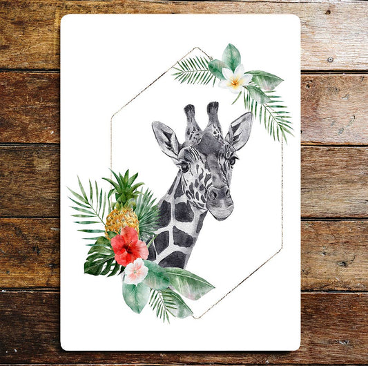 Giraffe Watercolour Animal Flower | Metal Wall Sign Plaque