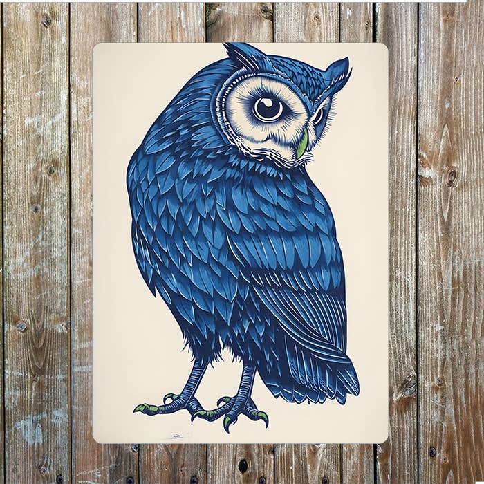 Owl Illustration in Blue Woodcut 3 Style | Metal Sign Plaque