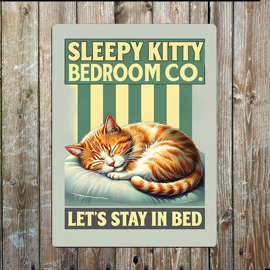 Let's Stay In Bed | Sleep Cat Bedroom | Metal Sign Plaque
