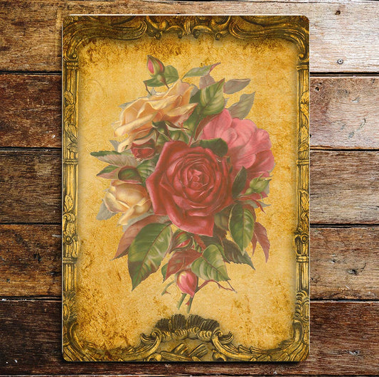 Pink Yellow Rose Stems Card Vintage Metal Sign Plaque