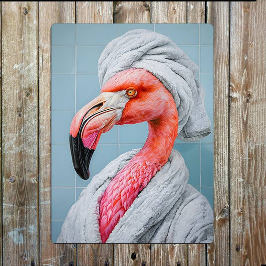 Flamingo In Bathrobe Bathroom Toilet | Metal Sign Plaque