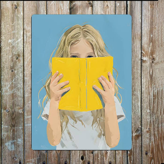 Girl Child Holding Yellow Book | Metal Sign Plaque