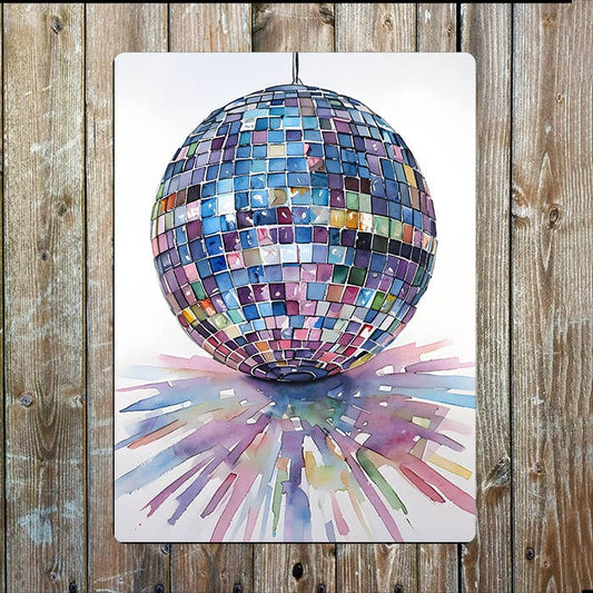 Vibrant Watercolour Disco Ball, Metal Sign Plaque