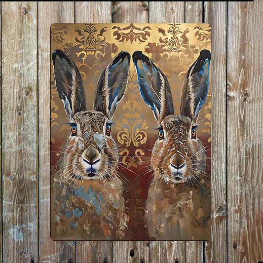 Two Hares Vintage Background Painting | Metal Sign Plaque