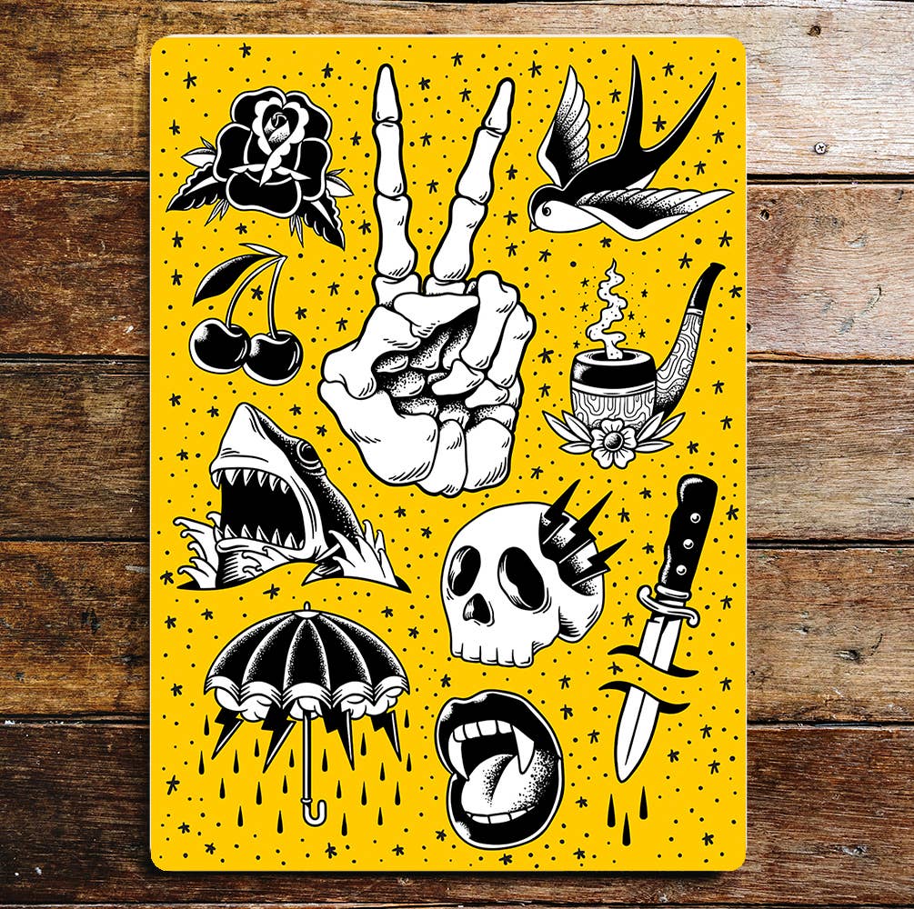 Skull Skeleton Hand Dagger Black Rose Metal Sign Plaque