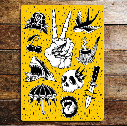 Skull Skeleton Hand Dagger Black Rose Metal Sign Plaque