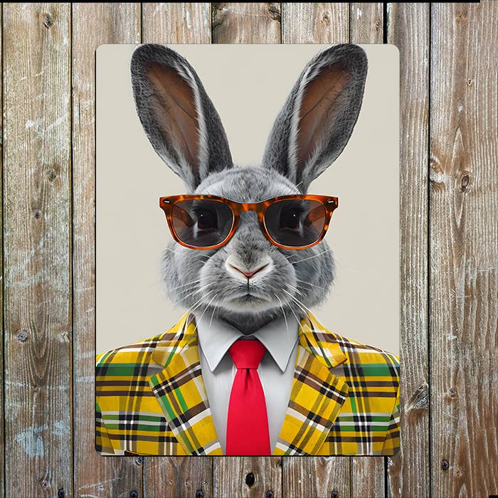 Grey Rabbit In A Suit Clothes | Metal Sign Plaque