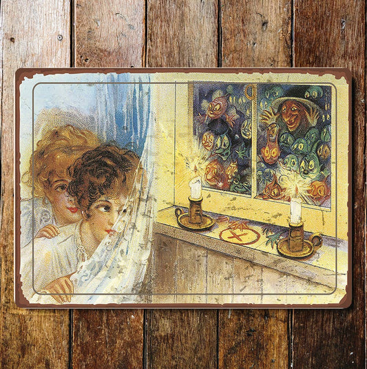 Children Hiding Witch Window Halloween | Metal Sign Plaque