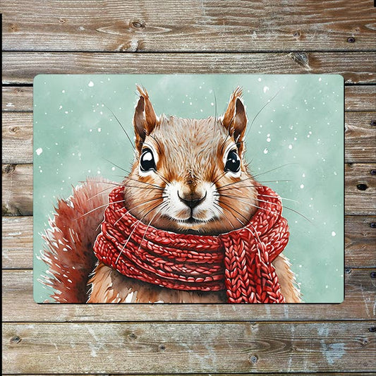 Squirrel Wearing A Red Scarf In Winter | Metal Sign Plaque