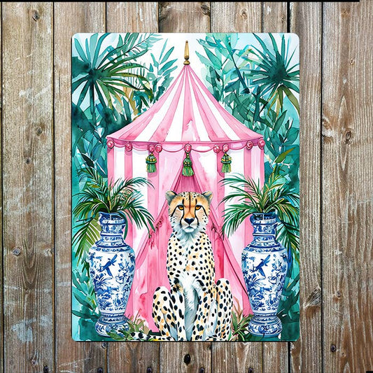 Vibrant Cheetah Pink Tent | Watercolour | Metal Sign Plaque