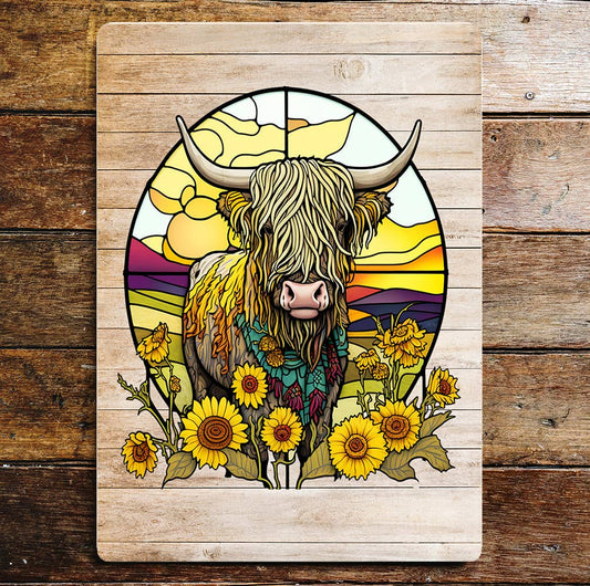 Highland Cow Happy art Sunflowers | Metal Wall Sign
