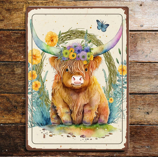 Highland Cow Cattle Floral Spring | Metal Sign Plaque