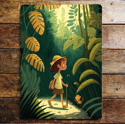 Young Jungle Explorer Girl | Animals Tree | Metal Sign Plaque
