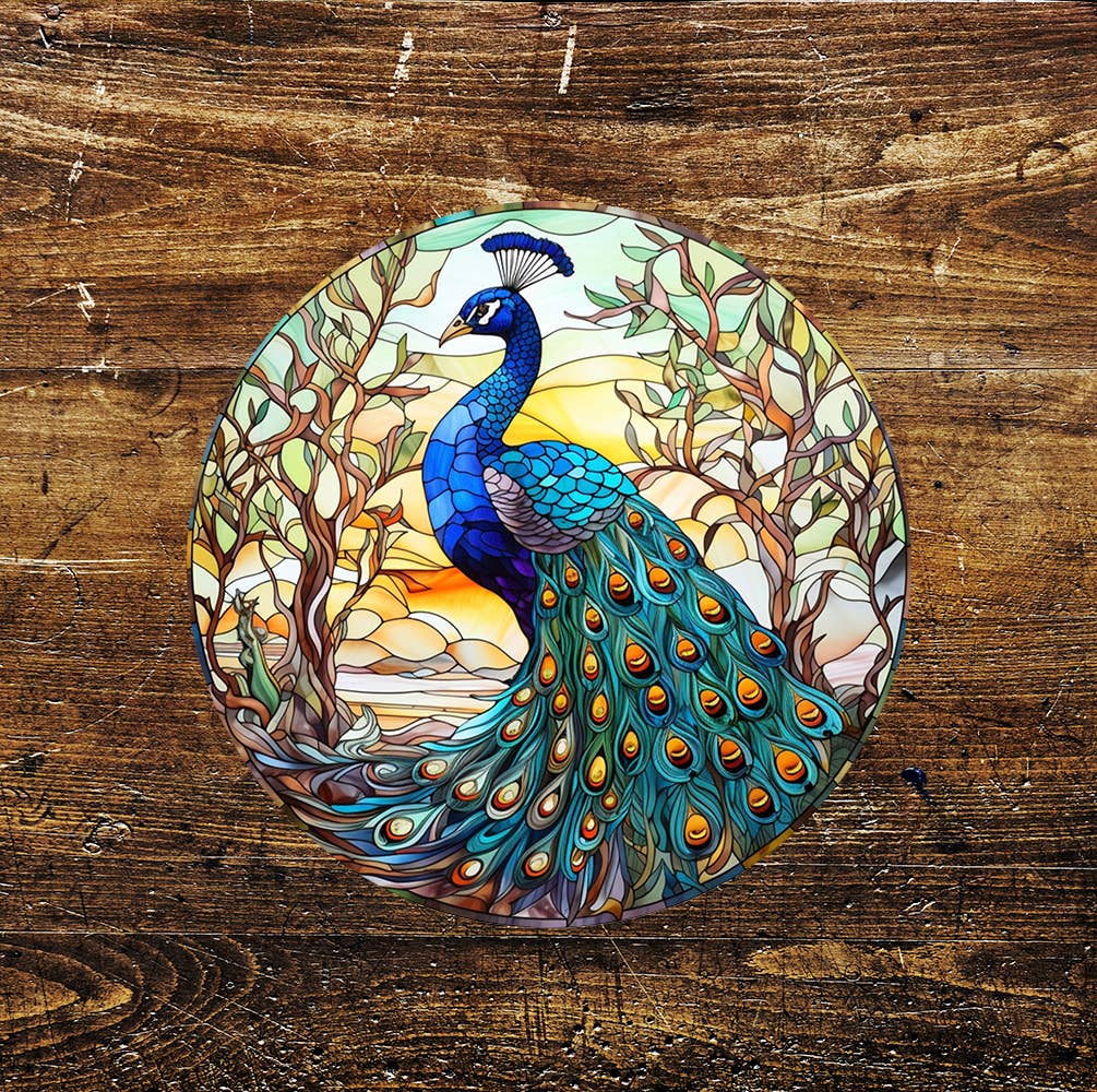 Peacock woods Stained Glass affect Circle Metal Sign