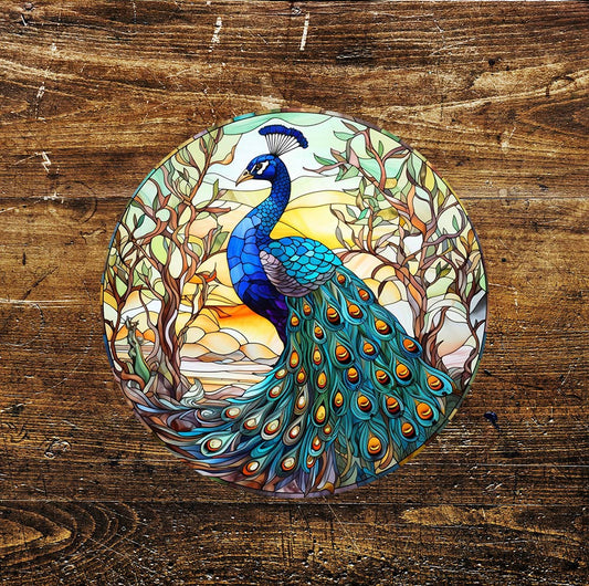 Peacock woods Stained Glass affect Circle Metal Sign