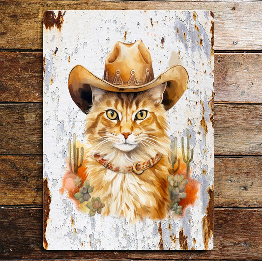 Cat Art Cowboy Cat Wild West Fun Art | Metal Sign Plaque