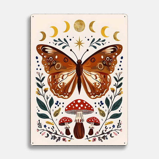 Butterfly Moon Mushroom scandinavian folk | Metal Sign Plaque