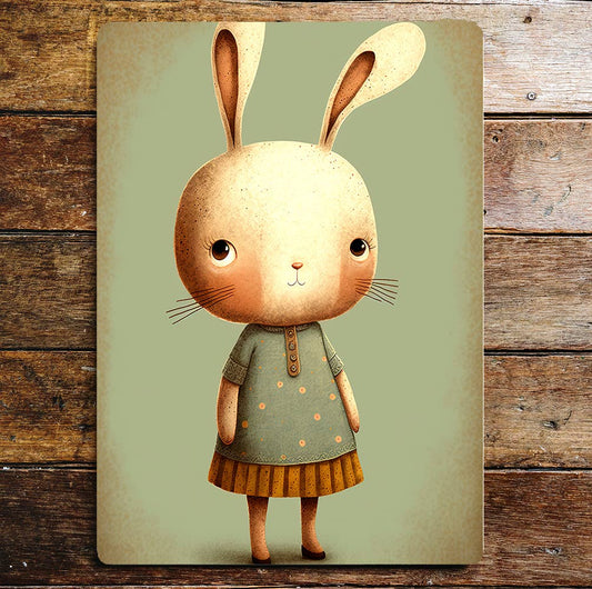 Cute Rabbit Girl green Brown Dress | Metal Sign Plaque