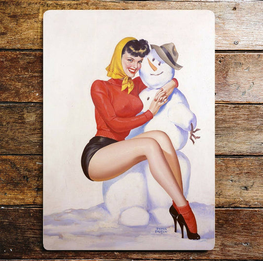 Pinup Girl Snowman Metal Wall Sign Plaque