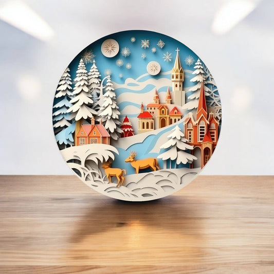 Village 3D Effect Christmas Decoration Circle Metal Sign