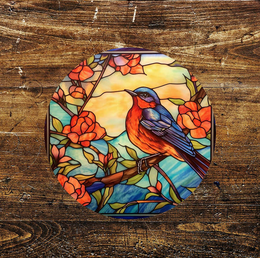 Robin yellow Stained Glass affect Circle Metal Sign