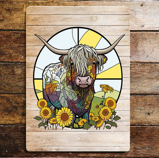 Highland Cow art Yellow Sunflowers | Metal Wall Sign