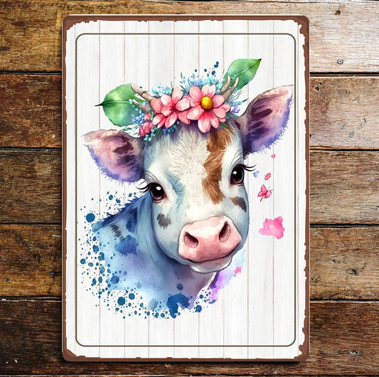 Brown White Cow Head Flowers Eyelashes | Metal Sign Plaque