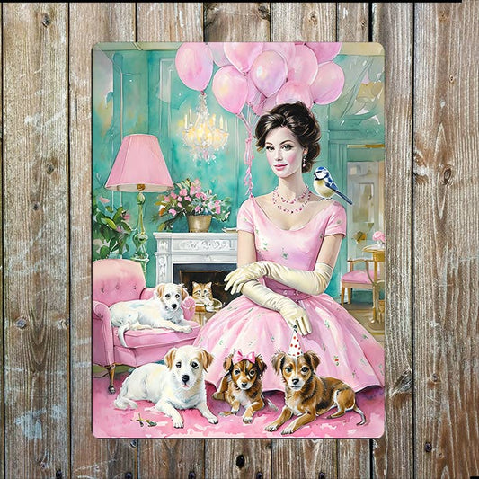 Pink Women Dog Party | Watercolour | Metal Sign Plaque