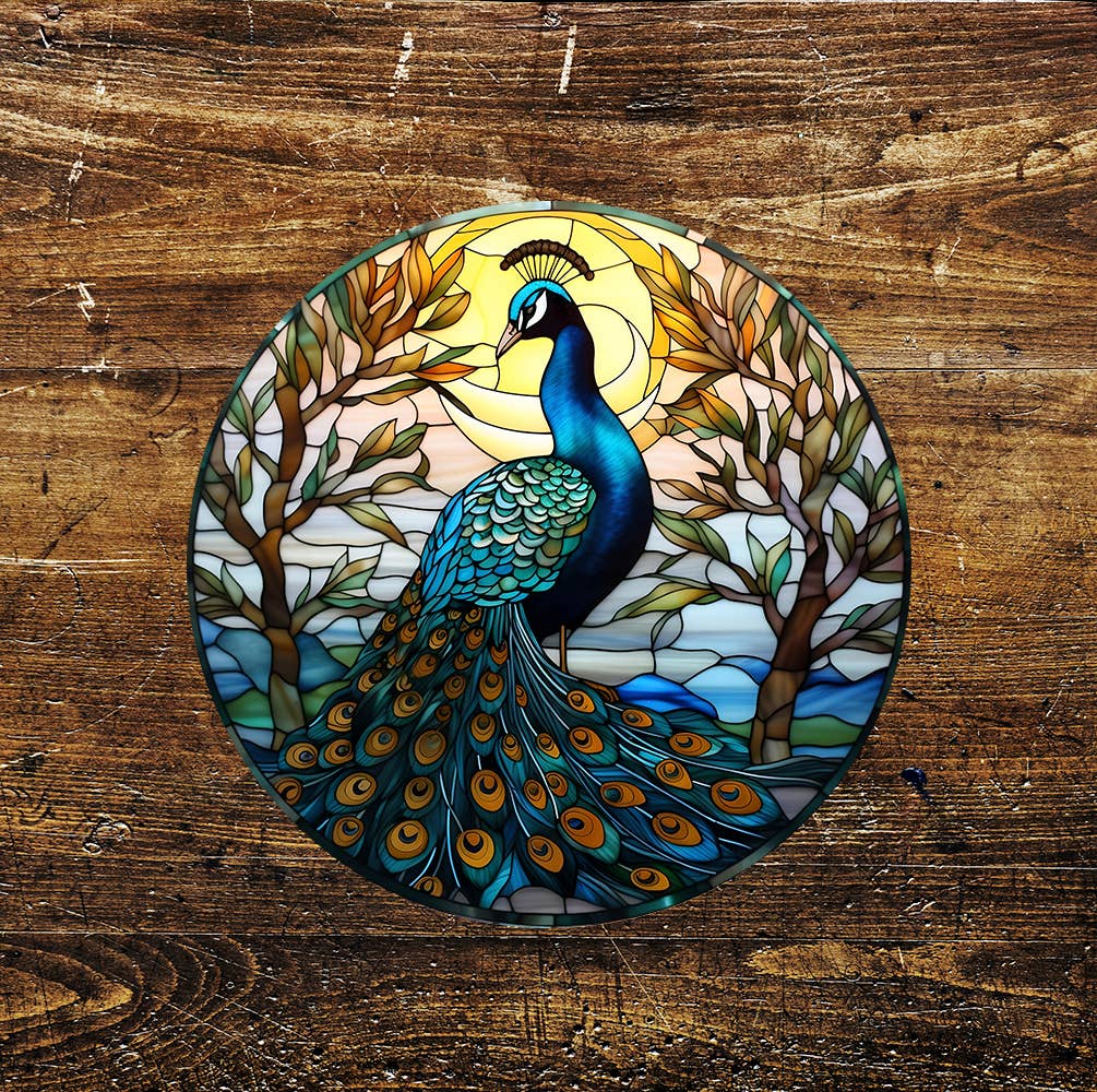 Blue Peacock Stained Glass affect Circle Metal Sign
