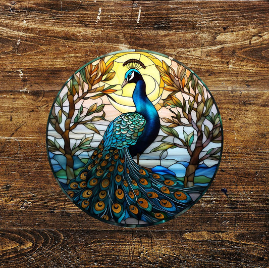 Blue Peacock Stained Glass affect Circle Metal Sign