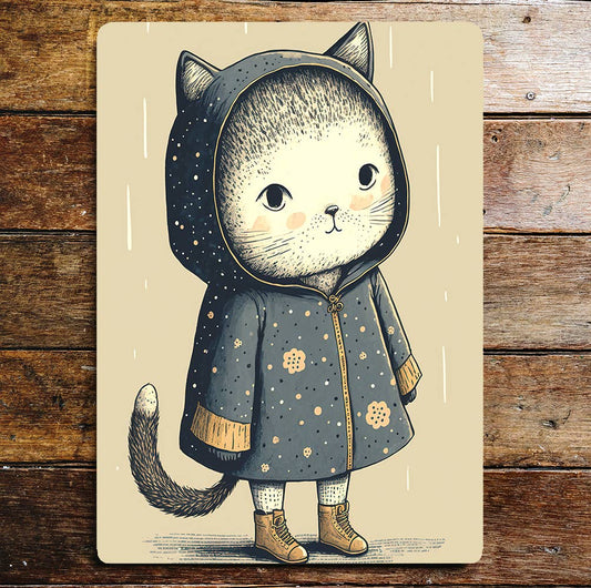 Cute Cat Portrait Blue Coat Hood Shoes | Metal Sign Plaque