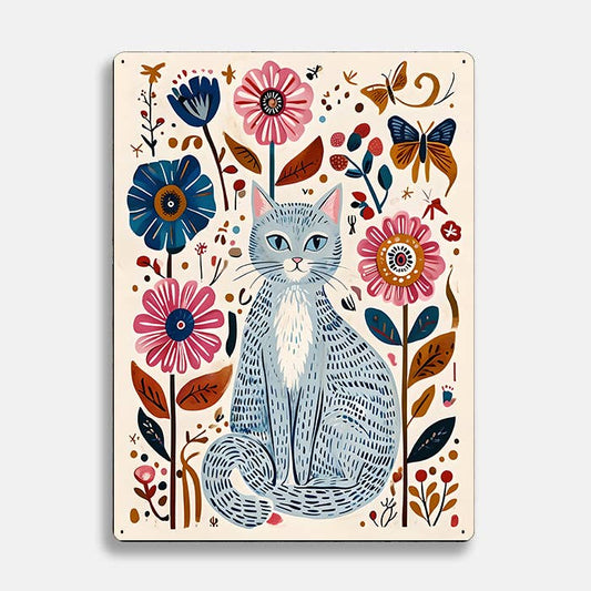 grey Cat Flowers scandinavian folk | Metal Sign Plaque